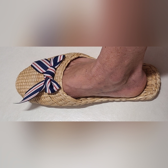 Handmade Natural Rattan Mule Slippers with Red, White & Blue Grosgrain Bow Sz L - Picture 11 of 11